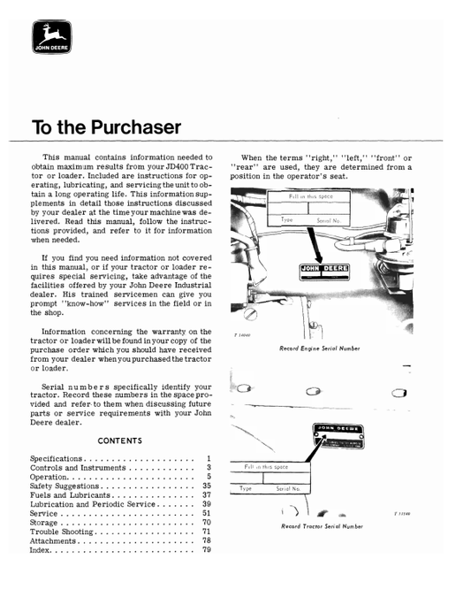 JOHN DEERE JD400 TRACTOR AND LOADER OPERATOR MANUAL OMT32425