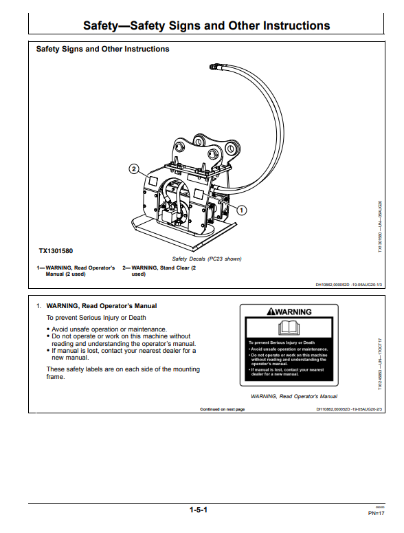 JOHN DEERE PC16, PC23, AND PC40 PLATE COMPACTOR OPERATOR MANUAL OMT442369X019