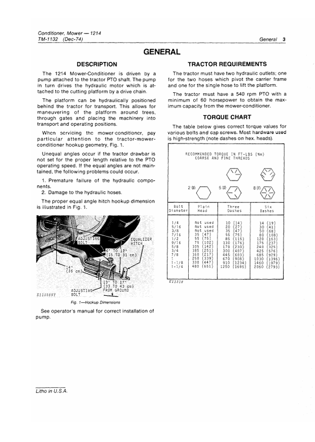 JOHN DEERE 1214 MOWER-CONDITIONER TECHNICAL MANUAL TM1132