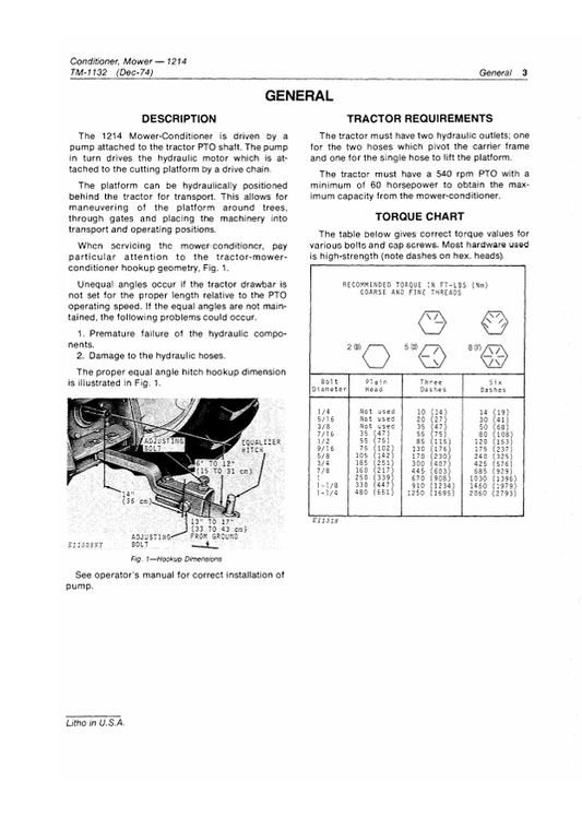 JOHN DEERE 1214 MOWER-CONDITIONER TECHNICAL MANUAL TM1132