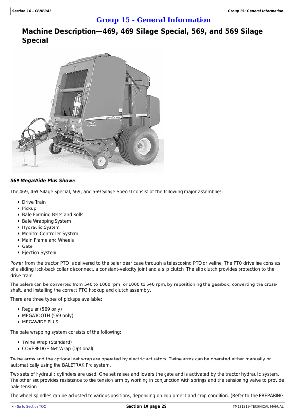 JOHN DEERE 469, 469S, 569S SILAGE SPECIAL, 569 ROUND BALER TECHNICAL MANUAL TM121219