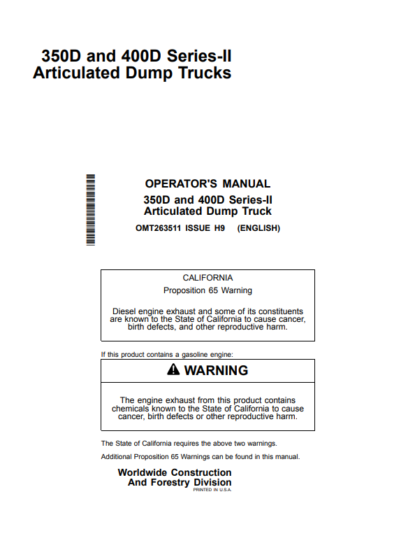 JOHN DEERE 350D SERIES II, 400D SERIES II ARTICULATED DUMP TRUCK OPERATOR MANUAL OMT263511