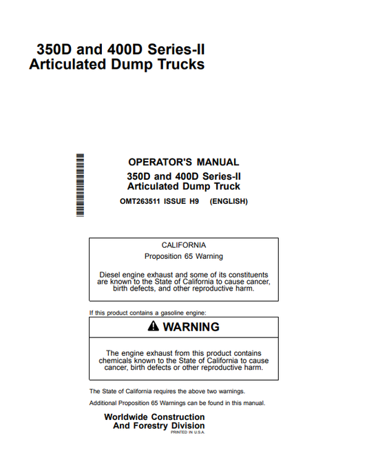 JOHN DEERE 350D SERIES II, 400D SERIES II ARTICULATED DUMP TRUCK OPERATOR MANUAL OMT263511