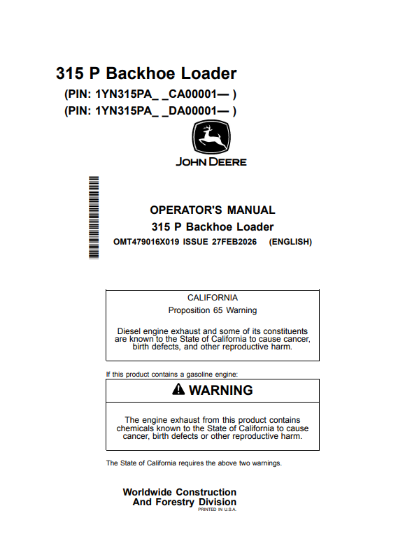 JOHN DEERE 315 P BACKHOE LOADER OPERATOR MANUAL OMT479016X019