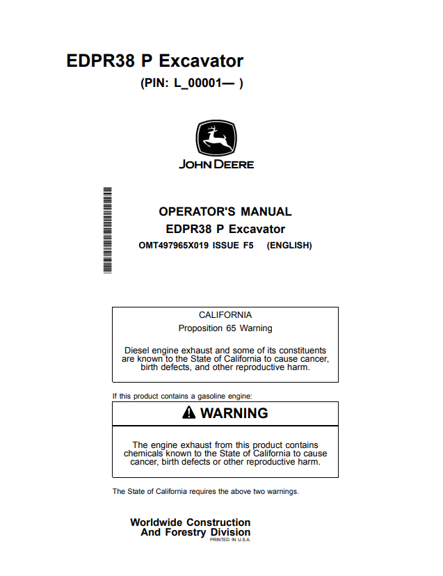 JOHN DEERE EDPR38 P EXCAVATOR OPERATOR MANUAL OMT497965X019