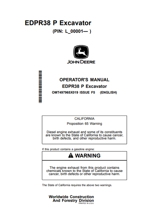 JOHN DEERE EDPR38 P EXCAVATOR OPERATOR MANUAL OMT497965X019