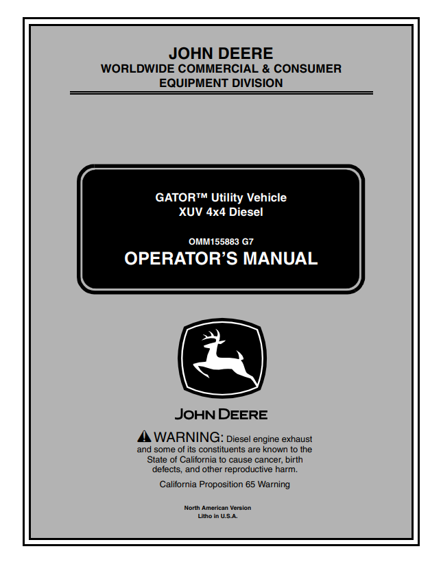 JOHN DEERE GATOR™ UTILITY VEHICLE XUV 4X4 DIESEL OPERATOR MANUAL OMM155883