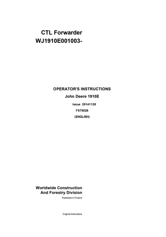 JOHN DEERE 1910E OPERATOR INSTRUCTION MANUAL F075026