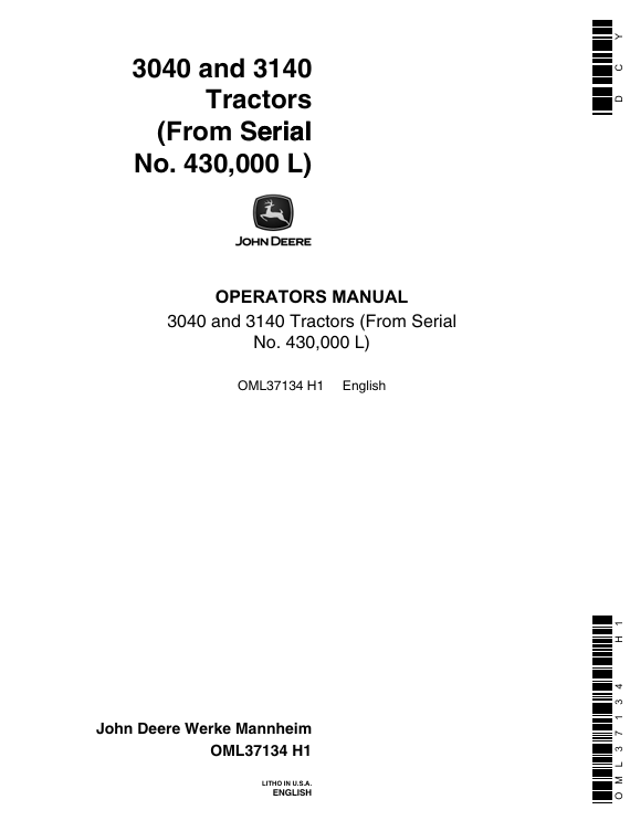 JOHN DEERE 3040, 3140 TRACTOR OPERATOR MANUAL OML37134
