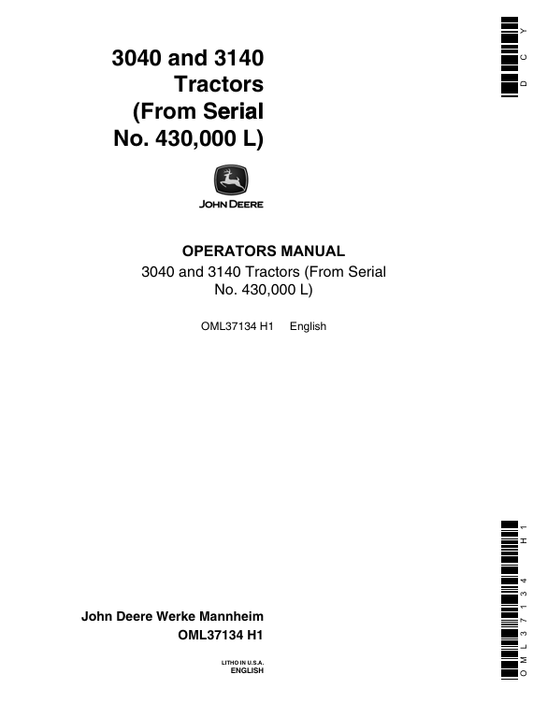 JOHN DEERE 3040, 3140 TRACTOR OPERATOR MANUAL OML37134