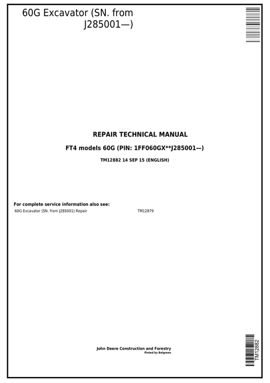 JOHN DEERE 60G COMPACT EXCAVATOR REPAIR TECHNICAL MANUAL TM12882