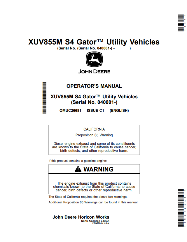 JOHN DEERE XUV855M S4 GATOR™ UTILITY VEHICLES OPERATOR MANUAL OMUC26681