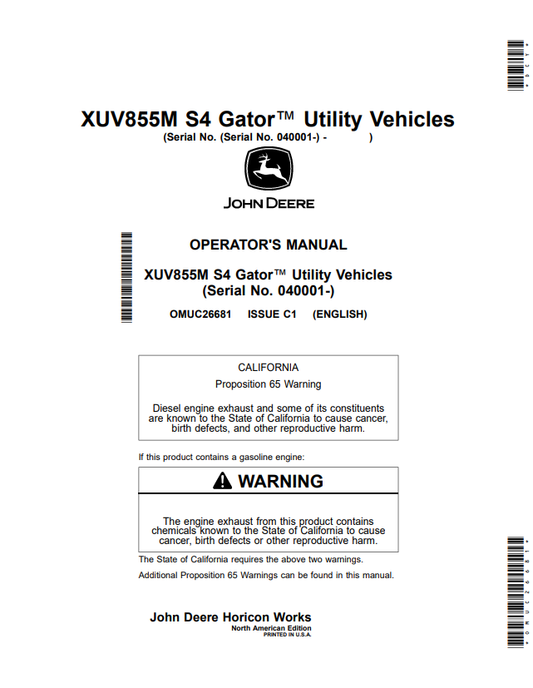 JOHN DEERE XUV855M S4 GATOR™ UTILITY VEHICLES OPERATOR MANUAL OMUC26681