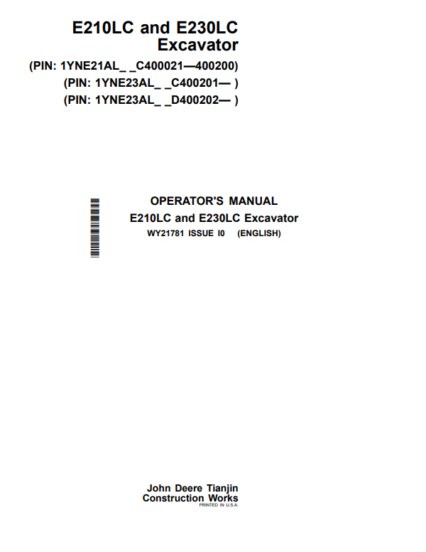 JOHN DEERE E210LC AND E230LC EXCAVATOR OPERATOR MANUAL WY21781