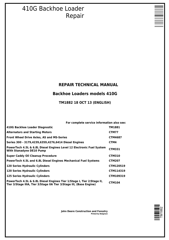 JOHN DEERE 410G BACKHOE LOADER REPAIR TECHNICAL MANUAL TM1882
