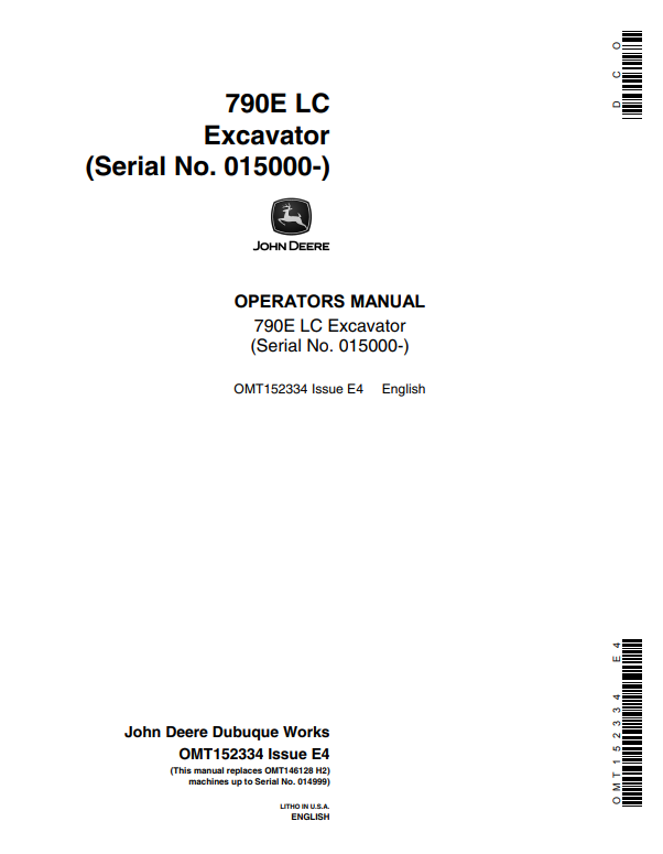 JOHN DEERE 790E LC EXCAVATOR OPERATOR MANUAL OMT152334