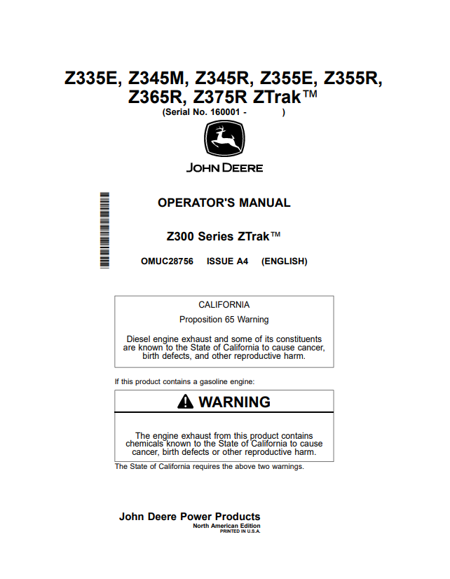 JOHN DEERE Z335E, Z345M, Z345R, Z355E, Z355R, Z365R, Z375R, Z300 SERIES ZTRAK™ OPERATOR MANUAL OMUC28756
