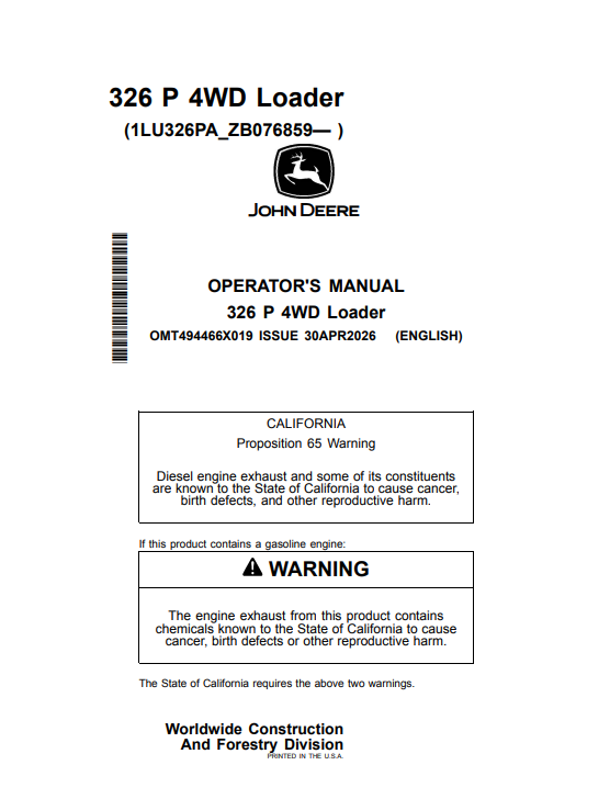 JOHN DEERE 326 P 4WD LOADER OPERATOR MANUAL OMT494466X019