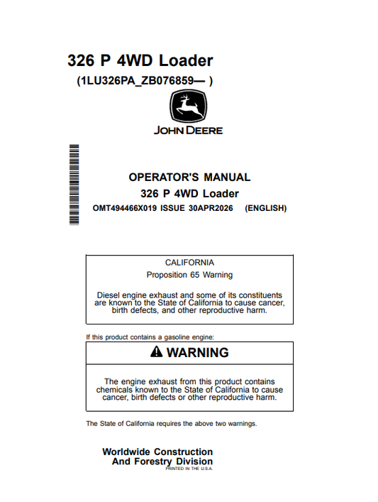 JOHN DEERE 326 P 4WD LOADER OPERATOR MANUAL OMT494466X019