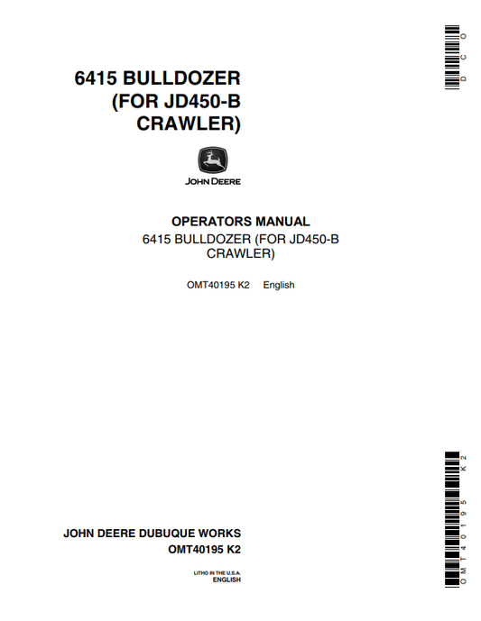 JOHN DEERE 6415 BULLDOZER FOR JD450-B CRAWLER OPERATOR MANUAL OMT40195