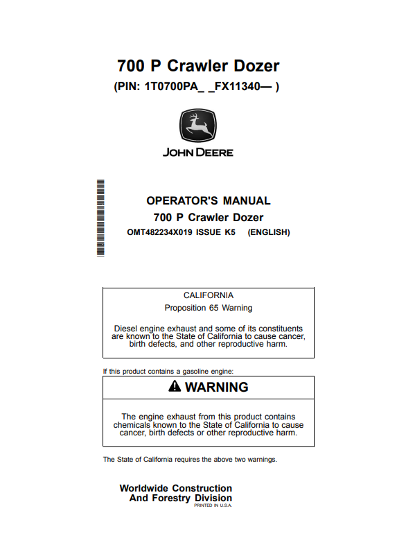 JOHN DEERE 700 P CRAWLER DOZER OPERATOR MANUAL OMT482234X019
