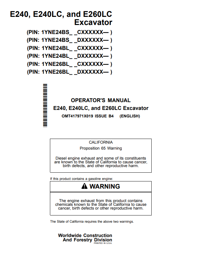 JOHN DEERE E240, E240LC, AND E260LC EXCAVATOR OPERATOR MANUAL OMT417971X019