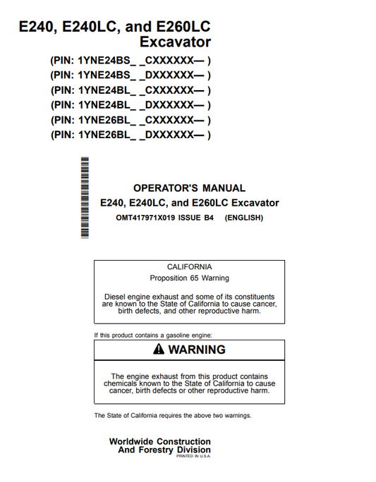 JOHN DEERE E240, E240LC, AND E260LC EXCAVATOR OPERATOR MANUAL OMT417971X019