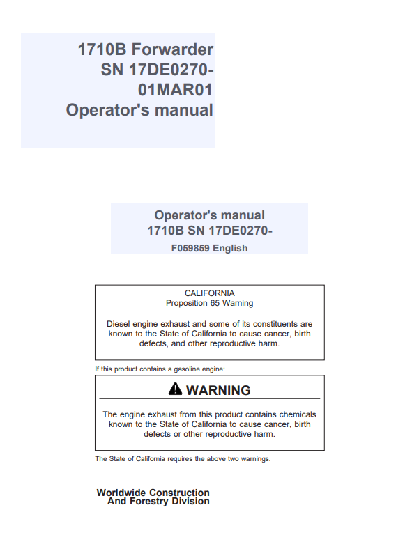 JOHN DEERE 1710B FORWARDER OPERATOR MANUAL F059859