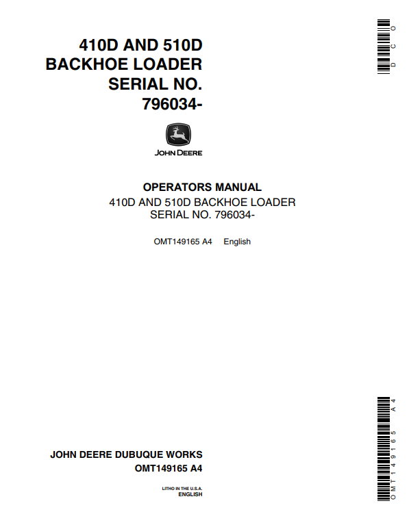 JOHN DEERE 410D AND 510D BACKHOE LOADER OPERATOR MANUAL OMT149165