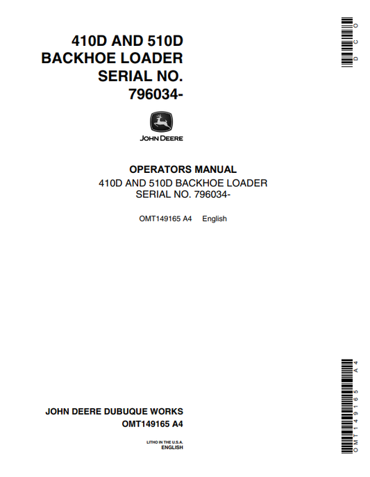 JOHN DEERE 410D AND 510D BACKHOE LOADER OPERATOR MANUAL OMT149165