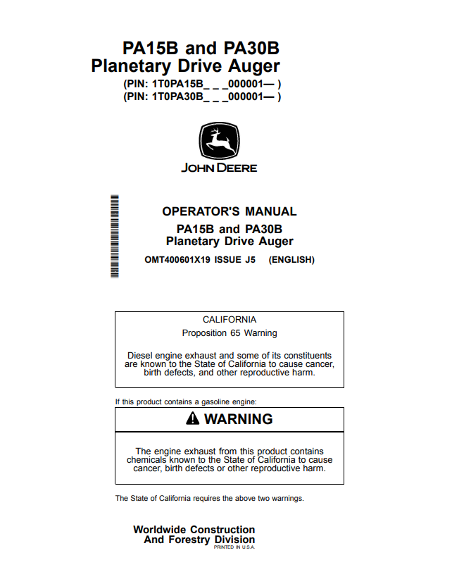 JOHN DEERE PA15B AND PA30B PLANETARY DRIVE AUGER OPERATOR MANUAL OMT400601X19