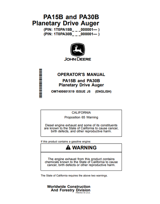 JOHN DEERE PA15B AND PA30B PLANETARY DRIVE AUGER OPERATOR MANUAL OMT400601X19