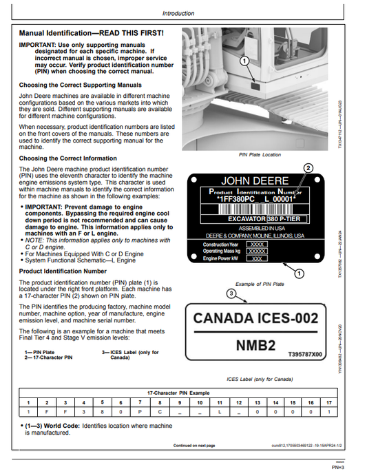JOHN DEERE EDPR38 P EXCAVATOR OPERATOR MANUAL OMT497965X019