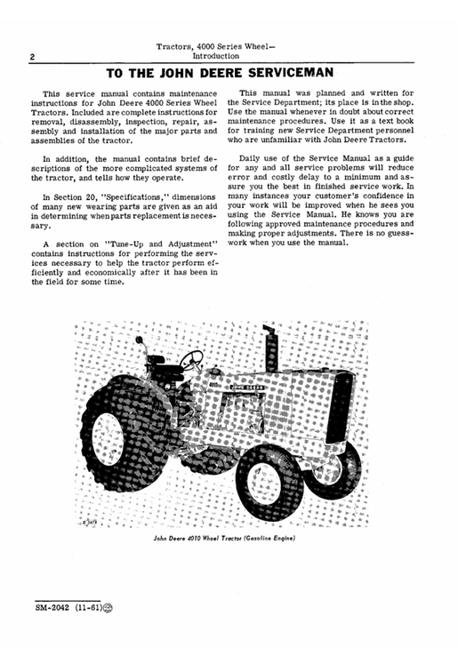 JOHN DEERE 4010 SERIES WHEEL TRACTOR SERVICE MANUAL SM2042