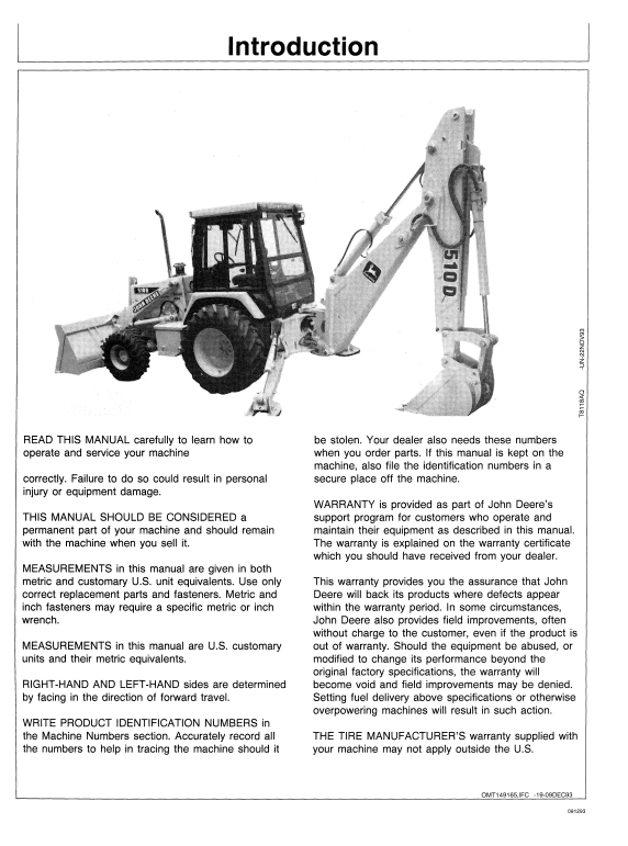 JOHN DEERE 410D AND 510D BACKHOE LOADER OPERATOR MANUAL OMT149165