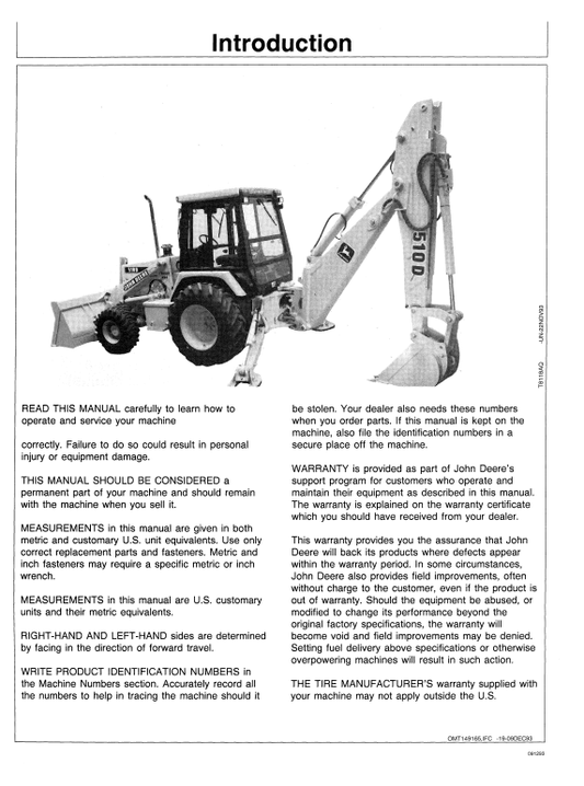 JOHN DEERE 410D AND 510D BACKHOE LOADER OPERATOR MANUAL OMT149165