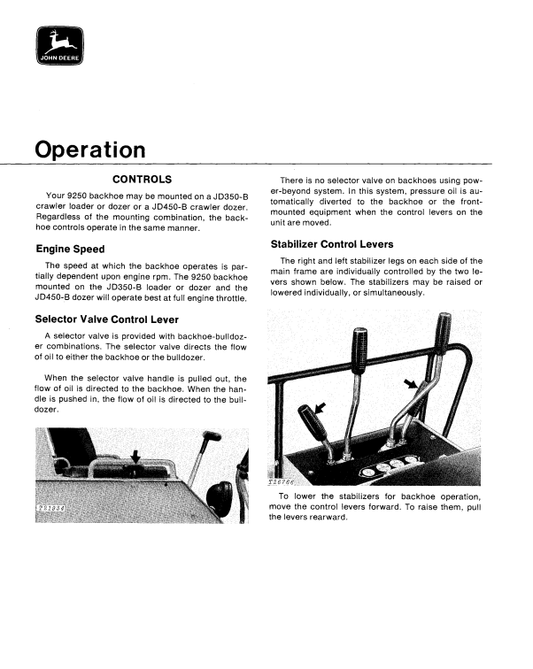 JOHN DEERE 9250 BACKHOE FOR JD350-B AND JD450-B CRAWLER OPERATOR MANUAL OMT40349