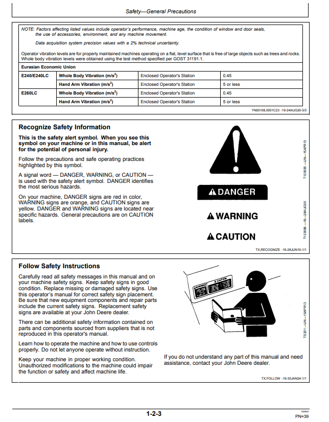 JOHN DEERE E240, E240LC, AND E260LC EXCAVATOR OPERATOR MANUAL OMT417971X019
