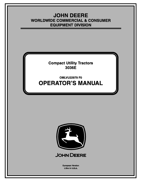 JOHN DEERE 3036E COMPACT UTILITY TRACTOR OPERATOR MANUAL OMLVU22979