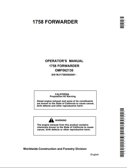 JOHN DEERE 1758 FORWARDER OPERATOR MANUAL OMF062130