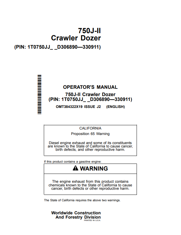 JOHN DEERE 750J-II CRAWLER DOZER OPERATOR MANUAL OMT384322X19