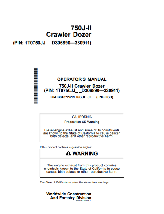 JOHN DEERE 750J-II CRAWLER DOZER OPERATOR MANUAL OMT384322X19