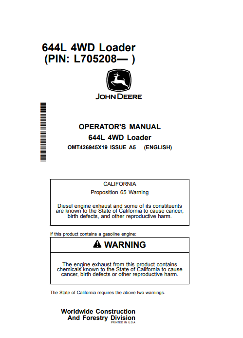 JOHN DEERE 644L 4WD LOADER OPERATOR MANUAL OMT426945X19