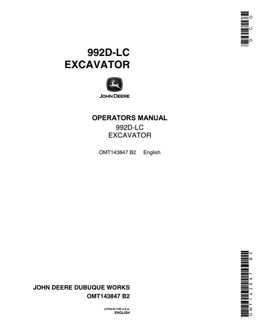 JOHN DEERE 992D-LC EXCAVATOR OPERATOR MANUAL OMT143847