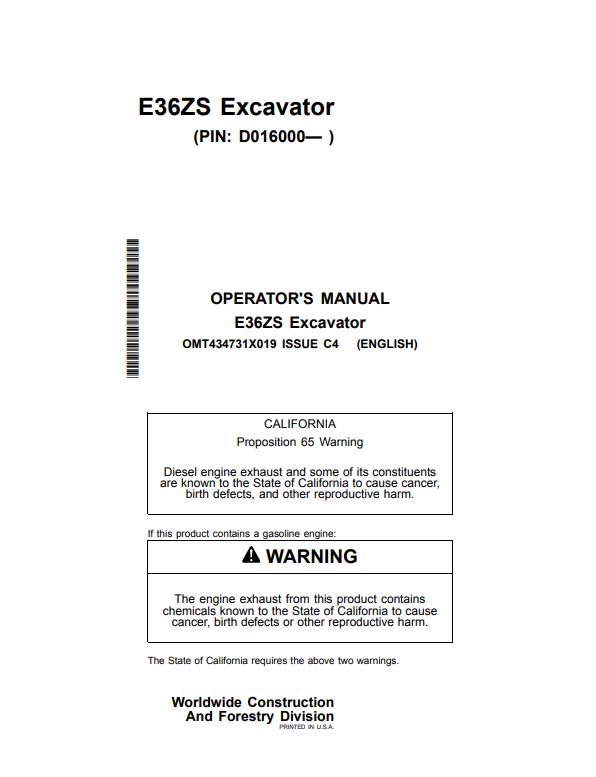 JOHN DEERE E36ZS EXCAVATOR OPERATOR MANUAL OMT434731X019