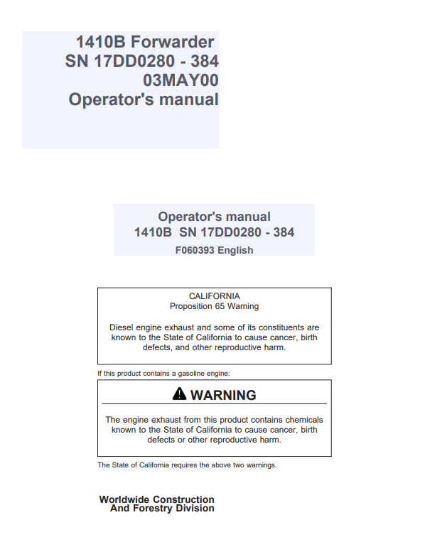 JOHN DEERE 1110C FORWARDER OPERATOR MANUAL F061505
