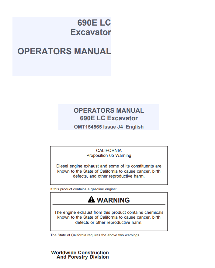 JOHN DEERE 690E LC EXCAVATOR OPERATOR MANUAL OMT154565
