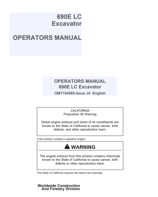 JOHN DEERE 690E LC EXCAVATOR OPERATOR MANUAL OMT154565