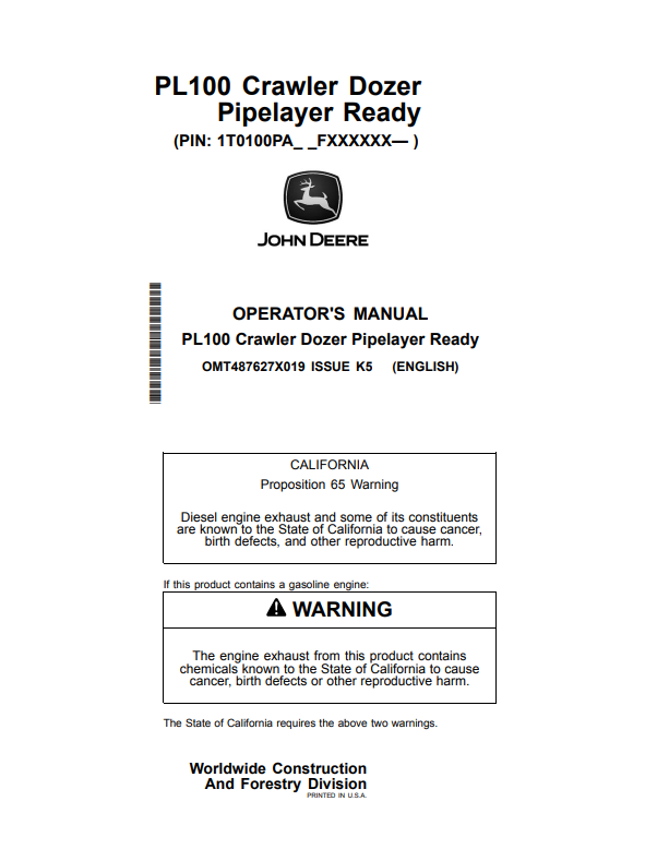 JOHN DEERE PL100 CRAWLER DOZER PIPELAYER READY OPERATOR MANUAL OMT487627X019