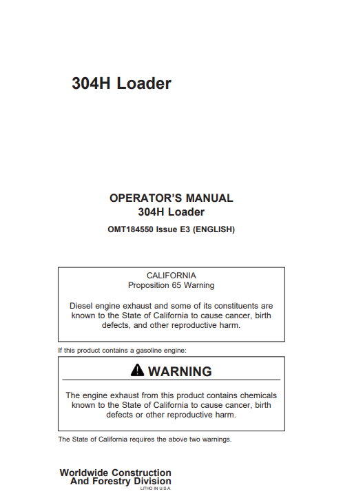 JOHN DEERE 304H LOADER OPERATOR MANUAL OMT184550
